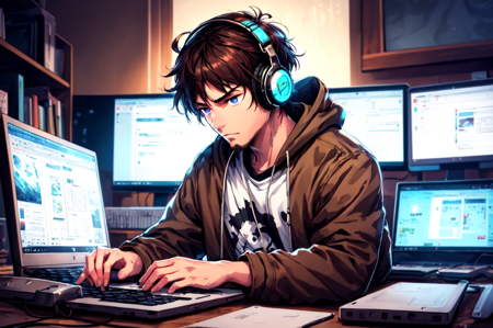 <lora:Homework_Desk:0.6> masterpiece, best illustration,  ((anime)),  1boy, male focus, solo, jacket, computer, facial hair, brown hair, headphones, hood, stubble, brown jacket, short hair, closed mouth, hoodie, hood down, keyboard \(computer\), laptop, neon, glowing, sitting, shirt, indoors, white shirt, open clothes, open jacket, monitor