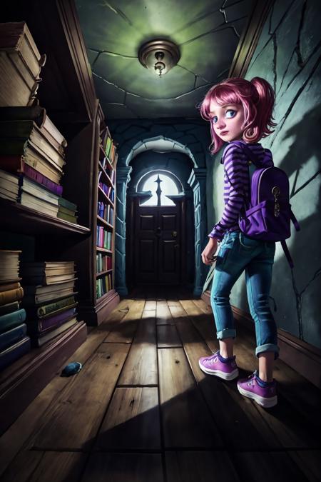 girl scared afraid striped shirt jeans sneakers backpack running through hallway haunted victorian mansion, creepy, night, cracked peeling walls rotten floors lost dark creepy moonlight (masterpiece:1.2)  (best quality) (detailed skin:1.3) (intricate details) (8k) (sharp focus) AS-Young Clutter-Home <lora:LowRA:0.7>