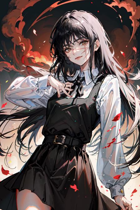 (masterpiece, best quality), illustration,  <lora:yoruchainsawmanv3:1>, yoru, 1girl, long hair, yellow eyes, scar on face, ringed eyes, pinafore dress, black belt, black ribbon, smile, petals, blood, hand on own chest, from below