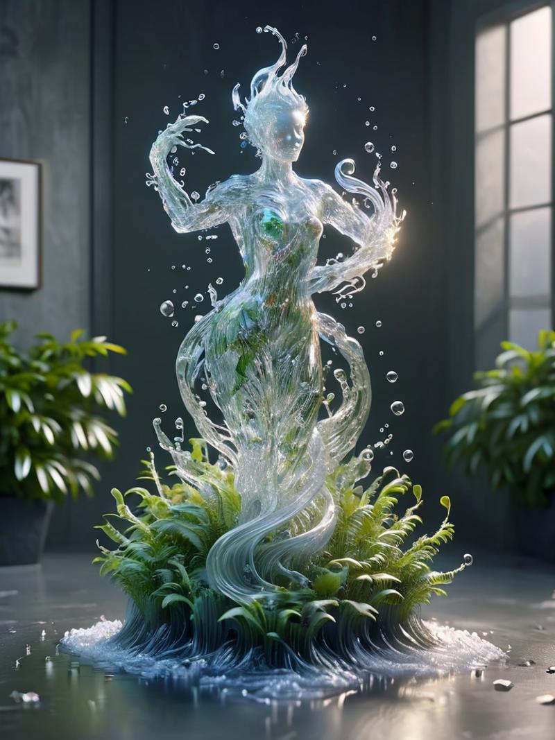 Artistic Statue of a Woman with Green Leaves and Water Elements