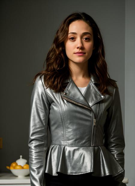 RAW photo, emmy rossum <lora:Emmy Rossum LoRA:0.65>, determined, wearing Metallic Gray Peplum Jacket, (high detailed skin:1.2), 8k uhd, dslr, soft lighting, high quality, film grain, Fujifilm XT3