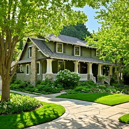 Imagine a picturesque suburban American street lined with Craftsman-style homes, captured in a photo-realistic image. Each house on the street is a distinct example of Craftsman architecture, characterized by low-pitched gable roofs, wide eaves with exposed rafters, and hand-crafted stone or woodwork. The homes feature deep, covered front porches with thick square or round columns.
The scene is set during a bright, clear day with sunlight filtering through mature, leafy trees that line the sidewalks. These trees cast dappled shadows on the well-kept lawns and add a vibrant touch of green, contrasting with the earthy tones of the houses. The street itself is quiet, clean, and well-maintained, with a few parked cars and bicycles adding a lived-in feel.
Each front yard is uniquely landscaped, with naturalistic arrangements of native plants and flowers, stone paths, and small decorative elements that reflect the artisanal aesthetic of the Craftsman style. The details in the image are crisp and meticulously rendered, from the texture of the roofing shingles and the stonework on the foundations to the individual leaves on the trees and the patterns of light and shadow they create.
The overall atmosphere is serene and idyllic, typical of an affluent American suburb. This scene not only captures the architectural beauty of Craftsman homes but also conveys a sense of the community and tranquility associated with suburban living.