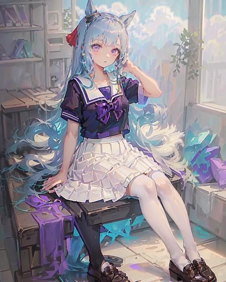 SFW, indoors,school
mejiro_ardan_UN, 1girl, (solo), horse_ear, horse_tail, full body, large breasts, curvy, 
(long hair:1.3),(blue_hair:1.2), purple_eyes, hair_ornament, (purple_serafuku:1.2), (purple_bowtie:1.2), (summer uniform:1.1) ,(puffy_short_sleeves:1.1), (white_plated_skirt:1.3),(white_stockings), brown_shoes