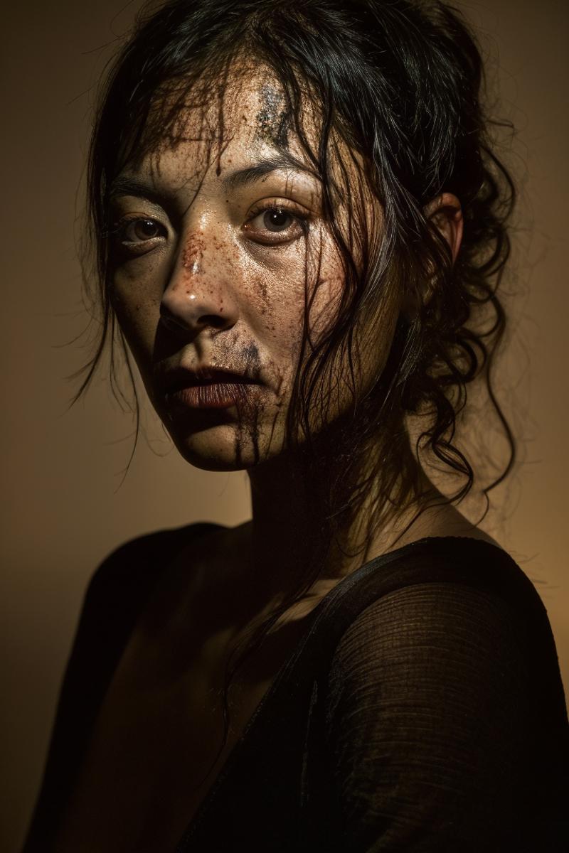 A woman with blood on her face and neck, looking into the camera.