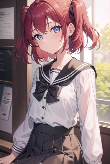 rubykurosawa, <lora:rubykurosawa-lora-nochekaiser:1>, 
ruby kurosawa, aqua eyes, medium hair, red hair, two side up, twintails, (flat chest:1.2), 
BREAK black socks, bow, bowtie, brown footwear, buttons, grey sailor collar, grey skirt, loafers, long sleeves, miniskirt, pleated skirt, sailor collar, school uniform, serafuku, shirt, shoes, skirt, uranohoshi school uniform, white shirt, winter uniform, yellow bow, yellow bowtie,
BREAK looking at viewer, 
BREAK indoors, classroom, 
BREAK <lyco:GoodHands-beta2:1>, (masterpiece:1.2), best quality, high resolution, unity 8k wallpaper, (illustration:0.8), (beautiful detailed eyes:1.6), extremely detailed face, perfect lighting, extremely detailed CG, (perfect hands, perfect anatomy),