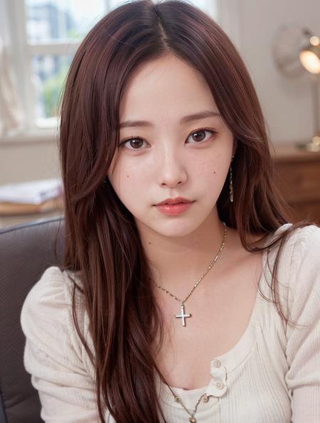 <(photorealistic:1.3), (intricate details:1.2) ultra high res>, 1girl, (solo:1.2), (photorealistic:1.0), from below, yeonwoo, small breast, long hair, earrings, necklace, light smile, white shirt, jeans, closeup portrait, desk, chair, window, desk lamp, soft lighting, <lora:ywftw:0.7>, dark studio, rim lighting, two tone lighting, dimly lit, low key, <lora:epiNoiseoffset_v2:0.75>