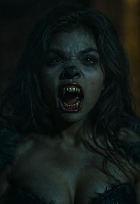 (girl, 4ng3l face), werewolf, professional photo, very detailed and dramatic, expressive cinematic, darkness, bokeh, medium shot, from the waist up, Werewolf style