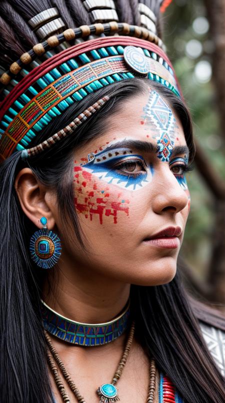 Closeup photo portrait of young woman as, (aztec shaman), epic character composition, frontal view, atmospheric scene, masterpiece, best quality, (detailed beautiful face, detail skin texture, ultra-detailed body:1.1), diffused lighting