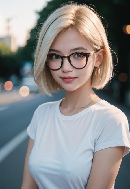 (masterpiece,best quality:1.5), asian woman with white hair, straight hair, short hair, white t-shirt, medium breasts, cute glasses girl, clear frame glasses, kind smile, potrait, face focus, looking at viewer, side view, walking on the street, uhd image, glassy translucence, vibrant illustrations, light ray, dynamic light, studio lighting, flash light,  bokeh around her (lens blur 35mm f2.8), Minolta Hi-Matic 7 Sii, Fujifilm Fujicolor 100, film grain,  mysterious, twilight sky, cloud, eyes detail, beautiful eyes, light in eyes, half body,