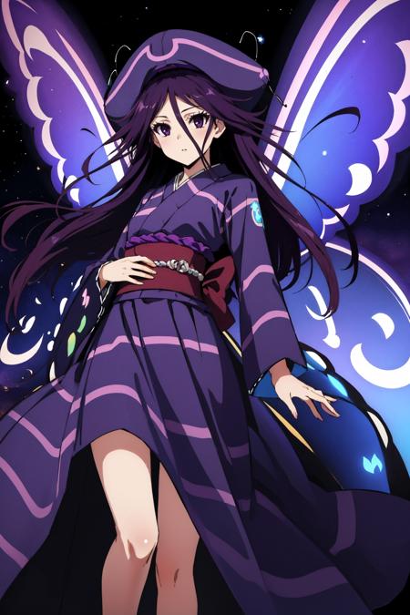 masterpiece, best quality, <lora:kuroageha-nvwls-v1-000009:0.8> altkuroageha, purple eyes, butterfly wings, purple hat, purple hair, purple dress, purple aura, glowing, night sky, (flying:1.4), floating, looking at viewer, from below