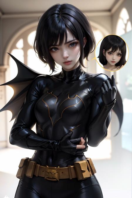 CassCain, cassandra cain, batgirl suit, 1girl,  black hair, brown eyes, looking at viewer, mask, short hair, <lora:minesfixAsianLikeness_v10:0.5> <lora:CassandraCain-01:0.7>