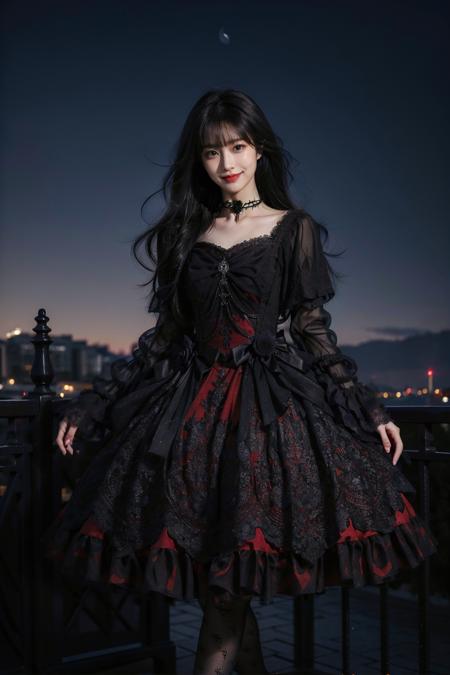 best quality, masterpiece, photorealistic, 1girl, solo, long black hair, straight hair, blunt bangs, looking at viewer, smile, lo dress, layered dress, frills, choker, long dress, long sleeves, wide sleeves, pantyhose, high heel, castle, night, moon, detailed background, <lora:lo_dress_gothic_style2_v2:0.7>