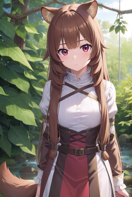 raphtalia, <lora:raphtalia-lora-nochekaiser:1>,
raphtalia, animal ears, brown hair, long hair, raccoon ears, raccoon girl, raccoon tail, (red eyes:1.5), tail,
BREAK arm garter, belt, brown belt, brown dress, dress, juliet sleeves, long sleeves, puffy sleeves, short dress,
BREAK looking at viewer,
BREAK outdoors, forest, nature, sun, sky, (cowboy shot:1.5),
BREAK <lyco:GoodHands-beta2:1>, (masterpiece:1.2), best quality, high resolution, unity 8k wallpaper, (illustration:0.8), (beautiful detailed eyes:1.6), extremely detailed face, perfect lighting, extremely detailed CG, (perfect hands, perfect anatomy),