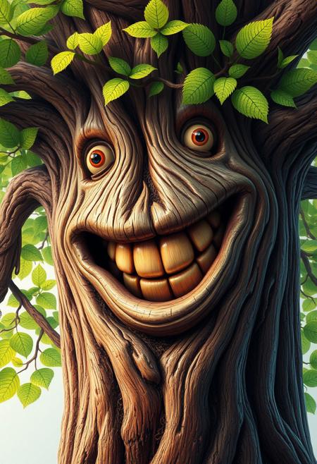 "Illustrate a vibrant, hyper-realistic image of a tree with a mouth, sporting a large, joyful smile that seems to split its trunk in two. The tree's mouth is a wide, curved slit, with a lipless grin that stretches from ear to ear, revealing a set of gleaming, wooden teeth. The bark is rough and gnarled, with intricate, swirling patterns that seem to shift and writhe like living wood. The leaves are a vibrant, electric green, with delicate, lacy textures that seem to glow with an inner light. The tree's eyes, two knots in the trunk, twinkle with warmth and kindness, as if the tree is sharing a happy secret with the viewer. The overall effect is one of whimsical, surreal delight, as if the tree has come to life and is now radiating joy and happiness." highest-Quality, intricate details, visually stunning, Masterpiece