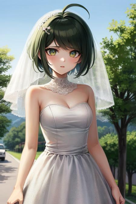 solo, 1girl, cowboy shot, outdoors, street, <lora:Naegi_Komaru_v3-000008:0.912>, naegi komaru, danganronpa \(series\), short hair, ahoge, danganronpa another episode ultra despair girls, highres, wedding dress, white dress, veil, lace,