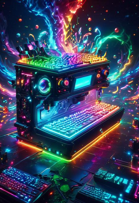 The RGB Kingdom, Masterpiece, best quality, amazing quality, absurd, latest, volumetric lighting, UHD, SFW, vibrant colors, neon, vivid colors, RGB-infused Nanite Swarms with swirling colors, keyboards, stunning visuals, exquisite detail, digital art, humorous, realistic, highly detail, beautiful, surreal, dramatic, galaxy fantasy colors, glowneon, glowing, sparks, lightning