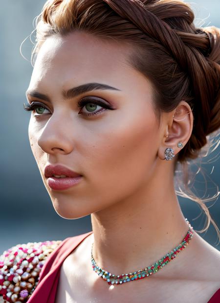 portrait of skswoman, thirsty , wearing beaded , with red Updo , background summer epic (photo, studio lighting, hard light, sony a7, 50 mm, matte skin, pores, colors, hyperdetailed, hyperrealistic), <lyco:Scarlett Johansson:1.1>