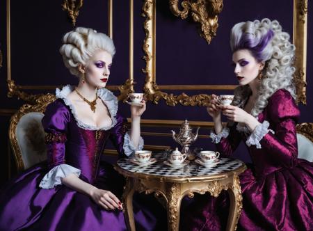 2 women sitting by a table drinking tea,baroque furniture,baroque style purple dress,large white baroque hair,
pale skin,vampire,red lips,red eyes,
Baroque,