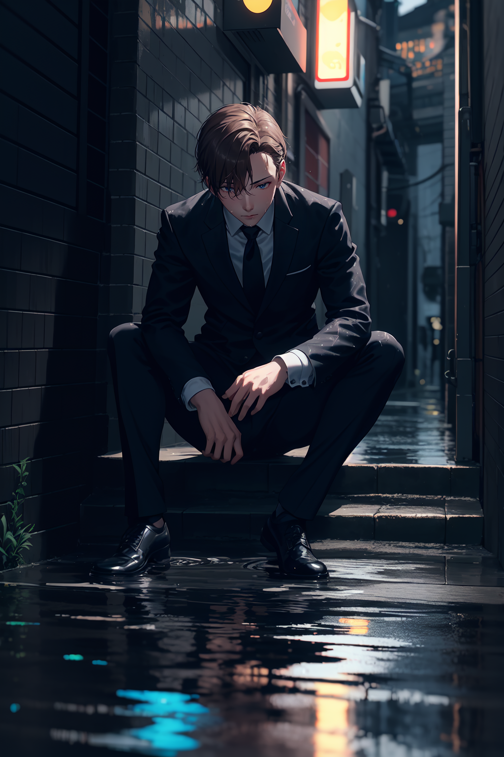1boy, solo, sitting, wet clothes, wet, puddles, rain, looking down, brown hair, official style, office suit, black shoes, ...