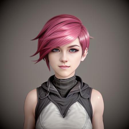 <lora:ArcaneVi-000021:1> arcanevi, a woman with medium short pink hair wearing a white dress, female face, unreal engine character art, portrait