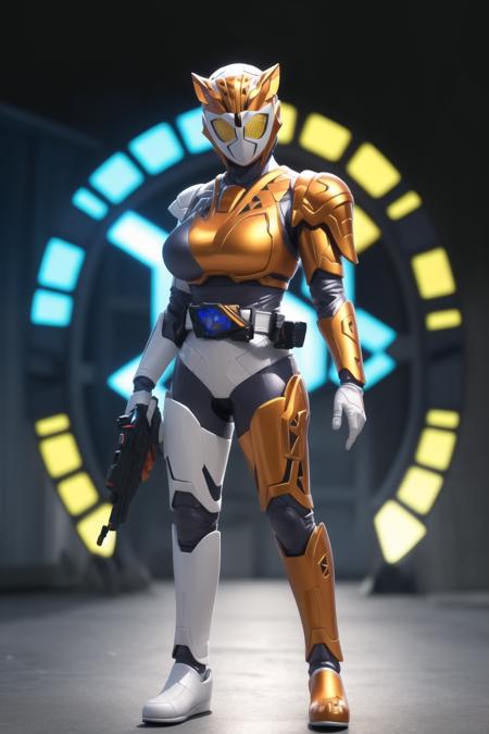 (masterpiece,best quality,4k,8k)kamen rider valkyrie RC, (1girl, solo, mature female,large breasts), looking at viewer, animal ears, standing, full body, yellow eyes, armor, science fiction, tokusatsu, female focus, kamen rider,belt,holding gun, handgun, <lora:kamen_rider_valkyrie_RC-10:0.7>