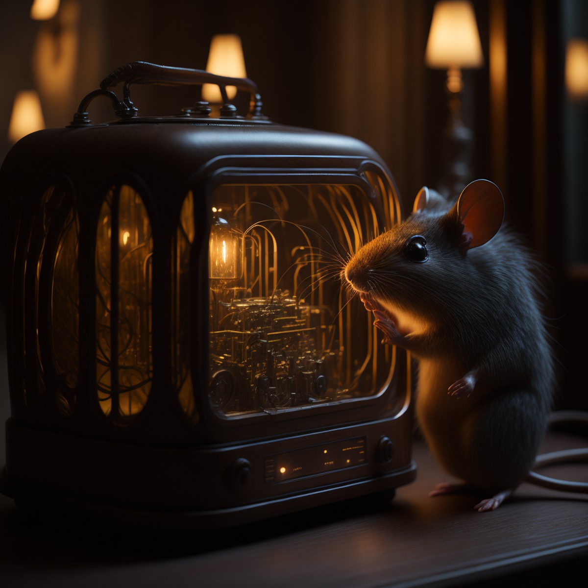 A tiny furry mouse looking at a gleaming art deco 1930s radio made of polished wood, glowing dial, evening lamplight, play...