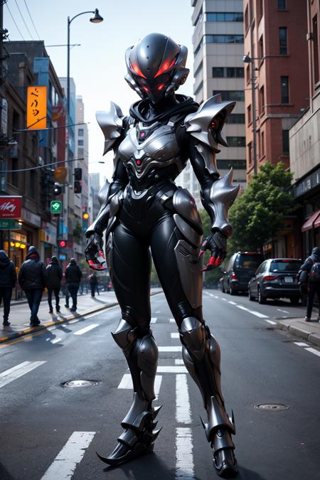 1kaijin, full_body, solo, outdoors, street, city, cars, people,
android, silver asymmetrical armor, 1girl, standing, claws, alien, helmet, hoodie,  
(masterpiece,  best_quality:1.3), (realistic:1.3), photorealistic,
<lora:kaijin_v5-000018:0.8>
<lora:stylized_3dcg_v4-epoch-000012:0.4> ,