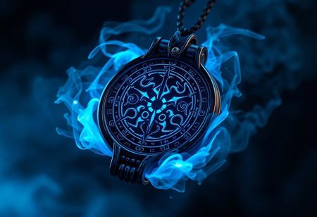 ancient amulet, glowing with dark blue and black energy, intricate sigils carved into obsidian, pulsating with infernal energy, ethereal blue mist swirling around, photorealism, high resolution, ((masterpiece)), suspended in mid-air, glowing demonic symbols floating around the amulet, deep blue and silver hues, dark and mysterious, surrounded by soft shadows, cold and foreboding aura, dark runes etched into the surface, ancient occult artifact, subtle cosmic energy radiating from within, black tendrils of energy reaching out from the edges
NEGATIVE: blurry, flat colors, dull, low quality, modern, cartoonish, overly bright, simplistic, futuristic