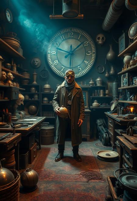 Create a cluttered, dimly lit workshop filled with strange and exotic artifacts from different eras and cultures. There's a workbench in the center of the room, covered in tools and half-finished projects, and a large, ornate clock on the wall that seems to be ticking away with an otherworldly rhythm. In the center of the image, a lone figure stands, surrounded by a halo of soft, pulsing light. The figure is dressed in a long, worn leather coat and a pair of goggles perched on their forehead, and is holding a strange, glowing device in one hand. Style: cluttered, dimly lit, mystical. Colors: warm, golden, glowing. Highest-Quality, 4k, Masterpiece