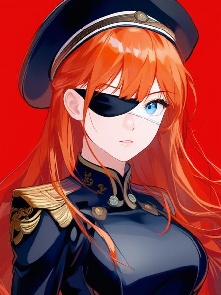 <lora:dan_4k:1>solo, 1girl, souryuu asuka langley, pseudo impasto, portrait, red background, simple background, looking at viewer, blue eyes, eyepatch, long hair, orange hair, bangs, hat, black headwear, plugsuit, face