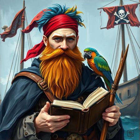 Oil painting rendered in a loose, impressionistic style with thick, expressive brush strokes. Full body portrait of a young jolly handsome pirate wizard. His outfit is a mish mash of wizard-like and pirate clothes. He wears a red bandana a black cape and he has a long ginger beard. He has big white eyebrows. His hair is a mixture of colors: blue, red, yellow, green. He holds a book and a wizard's staff. On his shoulder sits a colorful parrot.  The background shows a pirate ship with a pirate flag.