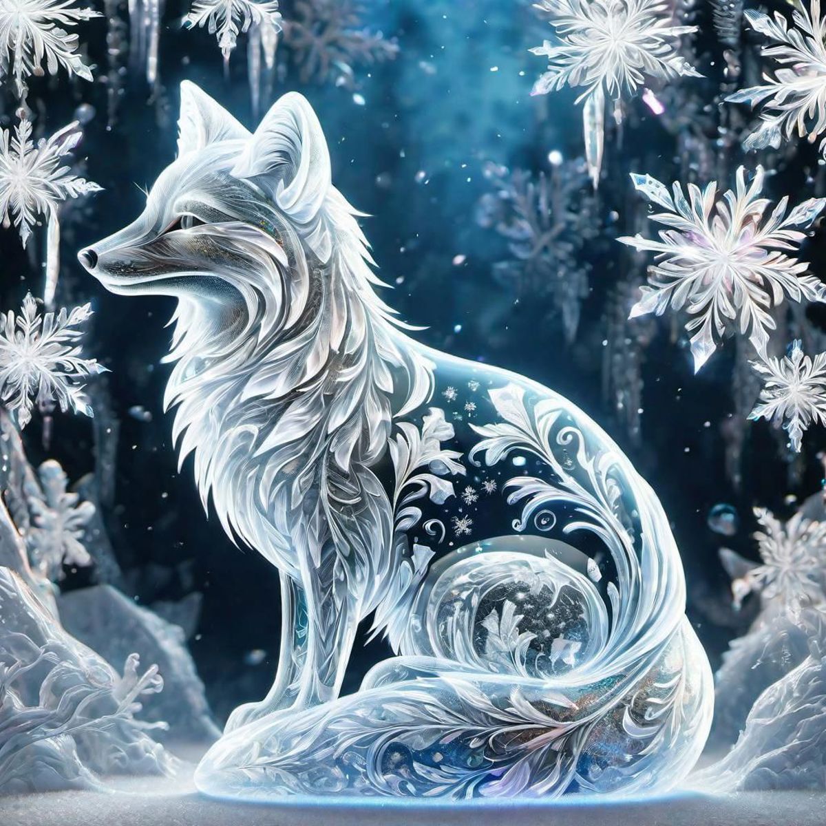 A frosty white fox is sitting in the snow, surrounded by many white snowflakes. The fox has a very pretty design on its fur, making it a beautiful and captivating sight.