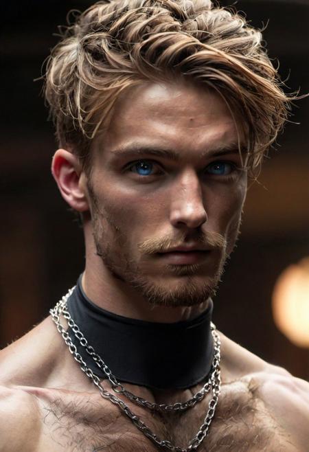 kyle ross, male focus, a handsome 19yo blonde twink, close up of face, close up of upper body, dynamic posture, dramatic angle, camera angle from below, shirtless, beard, trimmed beard, scruffy beard, hands on hip, black dog collar, black neck collar, long chain necklace, kinky,
skinny muscled, slender muscled, skinny, slender features, narrow shoulders, detailed armband tattoo, cute face, boyish face, perfect biceps, bicep veins, bulging veins, defined veins, great pecs, thin waist, angular face, strong and powerful, sporty, predatory look, feathered hair, undercut hair tousled hair, great detail, satisfaction, blue eyes, bubble butt, small ass, small butt, tight shorts, 
(Masterpiece, high quality:1.3), masterpiece, depth of field, bokeh, detailed, homoerotic, (homoerotic), highly detailed, sharp focus, intricate, smooth, elegant, fantasy, cinematic lighting, cinematic, masterpiece, matte, photorealistic, 4k, beautiful, volumetric lighting, dramatic, photo-realistic, life-like, high detail, lighting, 8Knematic lighting, 8K, contrast lighting, contrasting lighting, cinematic lighting,