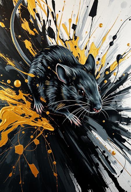 A hyper-stylistic, extremely detailed image depicts a breathtaking painting, crafted from a combination of smeared black and gold metallic paint. A mouse is captured in a streaked motion, as if it is moving rapidly in one direction. The black paint is applied in bold, dynamic strokes, creating a sense of energy and movement that is contrasted beautifully by the golden accents. The gold paint is used to highlight the mouses features, adding a sense of depth and dimensionality to the image. The overall effect is one of breathtaking, surreal dynamism, as if the viewer has captured a fleeting moment in time. Every detail of the image is meticulously crafted, from the delicate, swirling patterns of the gold paint to the intricate, textured patterns of the black paint. The contrasts between light and dark, color and texture, create a sense of tension and energy that draws the viewer in, inviting them to explore the kinetic world of the painting. highest-Quality, intricate details, visually stunning, Masterpiece
