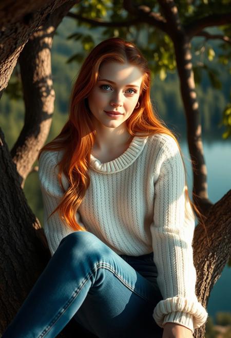 A surreal and hyper-realistic scene featuring a classical beauty with beautiful ginger hair, wearing blue jeans and a white jumper. The intricate details of her attire are highlighted, set against a dreamy, ethereal lake background. The scene is illuminated with soft, magical lighting, enhancing the otherworldly and enchanting atmosphere, sitting in a tree overlooking the forest and lake. It is sunny.
surreal, hyper-realistic, classical beauty, blue jeans, white cozy jumper, beautiful (deep dark brown) eyes, pale white skin, pale skin, intricate details, dreamy background, ethereal, warm magical lighting, warm lighting, enchanting, visually stunning, high quality, detailed, sharp clarity, breathtaking, elegant, graceful, relaxed, small gentle smile, cute, redhead, sexy, cute hairstyle, 
looking at viewer, long hair, pretty girl, small medium breasts, beautiful girl,