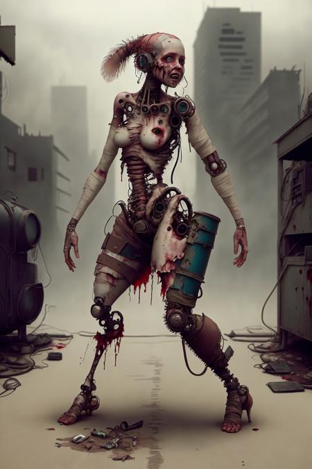 <lora:lostedenTECHv3:1> l0st3d3n female human, bloody, bandage, dancing postapocalyptic city , 35mm, f8.0, high detail, high quality, grotesque, disturbing