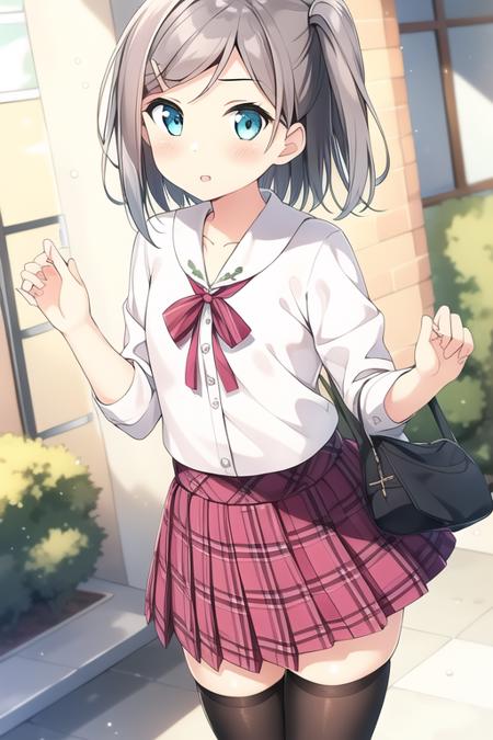 best quality ,masterpiece, 1girl,tsutsukakushi tsukiko,grey hair,short hair,aqua eyes,side ponytail,school uniform,white shirt,pink plaid skirt,black legwear,<lora:henneko:0.5>