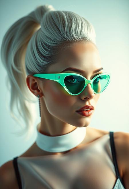 A sultry, high-fashion vision of a 1950s futuristic cyberpunk babe, with an enigmatic gaze and an air of mystery. Lime green styling white Beehive Updo and white ponytail hairstyle is a masterful fusion of elegance and futuristic flair, while her Mint Green Cat-eye Sunglasses add a touch of retro-futuristic cool. Shot from a dynamic, asymmetrical angle, with a Dutch tilt that adds to the sense of tension and intrigue, this image is a true masterpiece of composition and style, with the golden ratio guiding the placement of every element to create a sense of perfect balance and harmony.