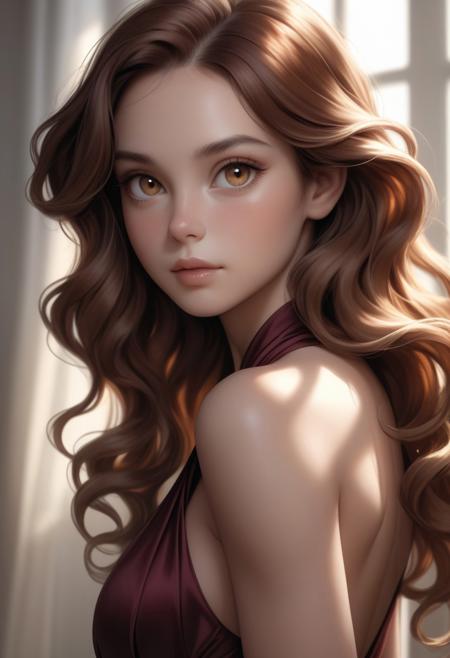 1girl, A photorealistic portrait of a woman with a perfect, sculpted face, characterized by high cheekbones that catch the light, a delicately shaped nose with a subtle slope, and full, sensuous lips with a hint of natural gloss. Her eyes are large and captivating, possessing an alluring gaze that draws the viewer in; the iris is a deep, mesmerizing hazel with flecks of gold. Her complexion is flawless, appearing smooth and luminous, with an even skin tone that suggests health and vitality. Her hair is long, flowing, and lustrous, a cascade of rich auburn waves that tumble gracefully down her shoulders and back, catching the light and reflecting warm highlights. She has a slender and graceful figure, with a gentle, natural curve to her hips and a delicately defined waist, suggesting an elegant silhouette. She is dressed in a flowing gown of deep burgundy silk that drapes beautifully over her form, accentuating her curves and highlighting the creamy tone of her skin. The lighting is soft and diffused, highlighting her features without harsh shadows, possibly from a window or a gentle studio setup. The background is a soft, muted brown, keeping the focus entirely on her. The overall impression is one of breathtaking beauty, elegance, and captivating allure., cowboy shot