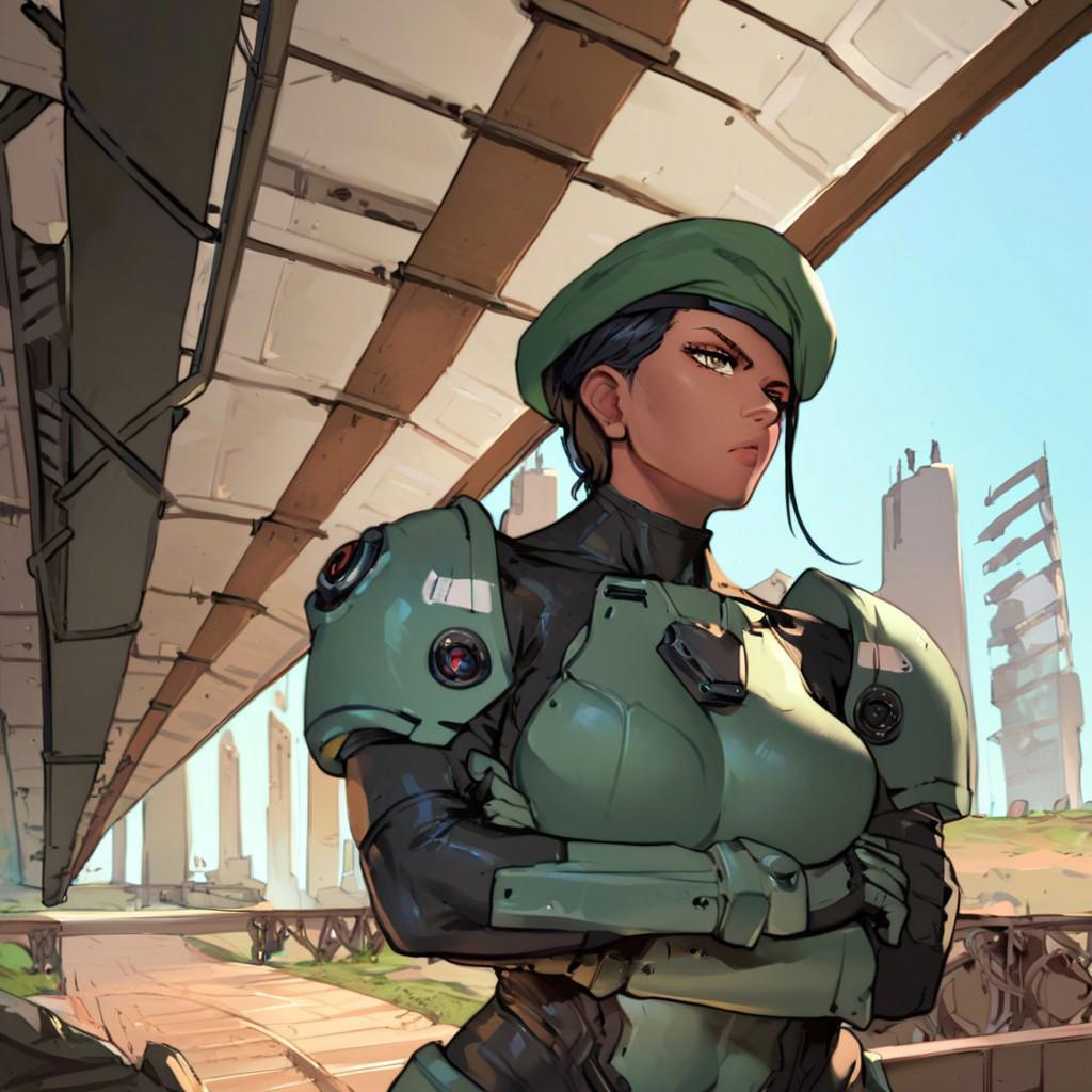 score_9, score_8_up, score_7_up, woman, brown skin, black hair, green sci-fi bulky armored bodysuit, black beret, serious, spaceship bridge