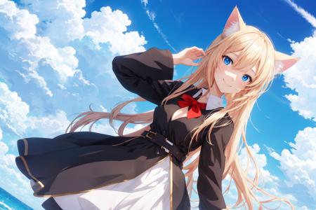 cat girl, fake cat ear, 1girl, top half body, breasts, looking at viewer, blushes, blue eyes, long hair, blonde hair, smile, day time, sun rays, outside, black and red dress, leaning, 1hand on own face <lora:GoodHands-beta2:1>, portrait of an anime person, aesthetic, wlop, trending on artstation, deviantart, anime key visual, 8k uhd