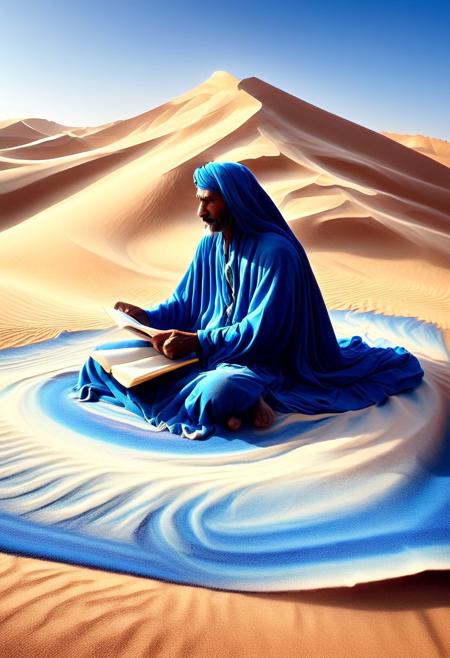 In a peaceful Tuareg village in the Sahara, golden dunes  with swirling sand rise beneath a bright blue sky. A man sits on a colorful rug, reading a book of ancient wisdom in the shade of a canvas tent. The sun’s warmth is tempered by a gentle breeze, bringing the scent of dry earth. The whisper of the wind across the dunes-sandswirl creates a soothing melody.
. .