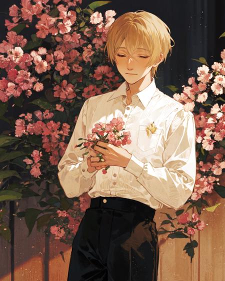 masterpiece, best quality, extremely detailed, detailed background, detailed face, parted bangs, flower, solo, closed eyes, holding, shirt, short hair, long sleeves, male focus, 1boy, smile, pink flower, green hair, holding flower, blonde hair, frilled sleeves, blurry, frills, pants, hair between eyes, white shirt, cowboy shot, black pants,  <lora:mgm128dim-epoch-000008:1>