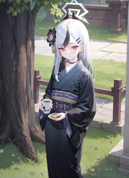 masterpiece, best quality, 1girl, japanese clothes, solo, looking at viewer, holding, hair ornament, cup, halo, hair flower, tree, flower, sash, choker, obi, holding cup, smile, wide sleeves, outdoors, closed mouth, black choker, disposable cup, long sleeves,kimono,horns,print_kimono, <lora:newyearkyklora:0.9>,  <lora:deadnoodlesloha-000018:0.6>