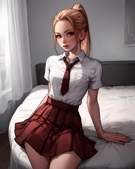 (masterpiece:1.2, best quality:1.2, high resolution),  <lora:Angel_Smalls_v2-04:1>, angel smalls,  ponytail,  red skirt, white shirt, tie