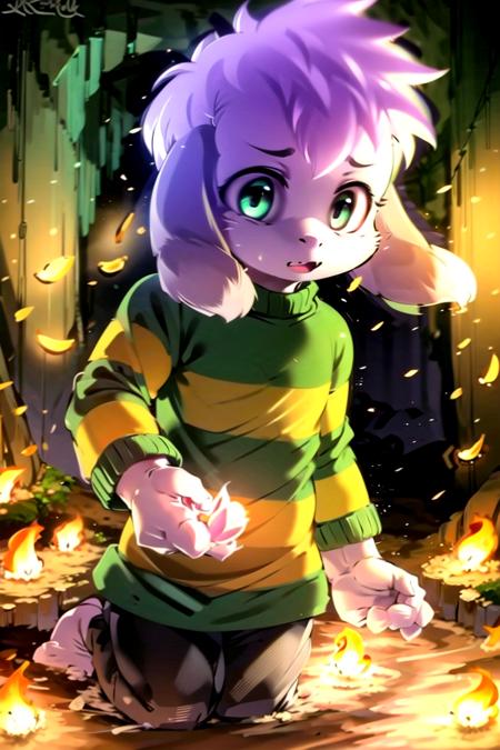 1boy, <lora:asriel-40:0.9>, underground, cave, green t-shirt