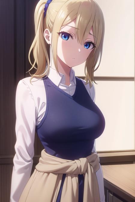 aihayasaka, <lora:ai hayasaka s3-lora-nochekaiser:1>,
ai hayasaka, bangs, blue eyes, blonde hair, hair ornament, hair between eyes, sidelocks, side ponytail, scrunchie, hair scrunchie, blue scrunchie,
BREAK shirt, long sleeves, school uniform, shoes, socks, sweater, cardigan, black socks, clothes around waist, shuuchiin academy school uniform, sweater around waist, cardigan around waist,
BREAK indoors, classroom,
BREAK looking at viewer, (cowboy shot:1.5),
BREAK <lyco:GoodHands-beta2:1>, (masterpiece:1.2), best quality, high resolution, unity 8k wallpaper, (illustration:0.8), (beautiful detailed eyes:1.6), extremely detailed face, perfect lighting, extremely detailed CG, (perfect hands, perfect anatomy),