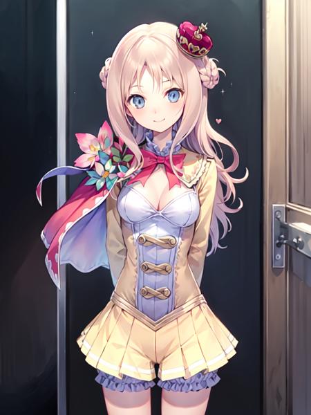 charmeruru, 1girl, solo, masterpiece, best quality, bow, crown, bloomers, red bow, underwear, white bloomers, upper body, smile, flower, ribbon, closed mouth, breasts, dress, cleavage, blush, arms at sides, arms behind back, looking at viewer, facing viewer,  <lora:meruruv1d-000008:0.8>