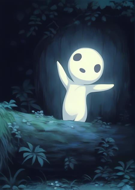 k0D4mA 1kodama 4kodama spirit, ghost, large head, black eyes, 3 dots, no nose, small body, white body, transparent body, volumetric glow, cartoon alien, standing, forest background