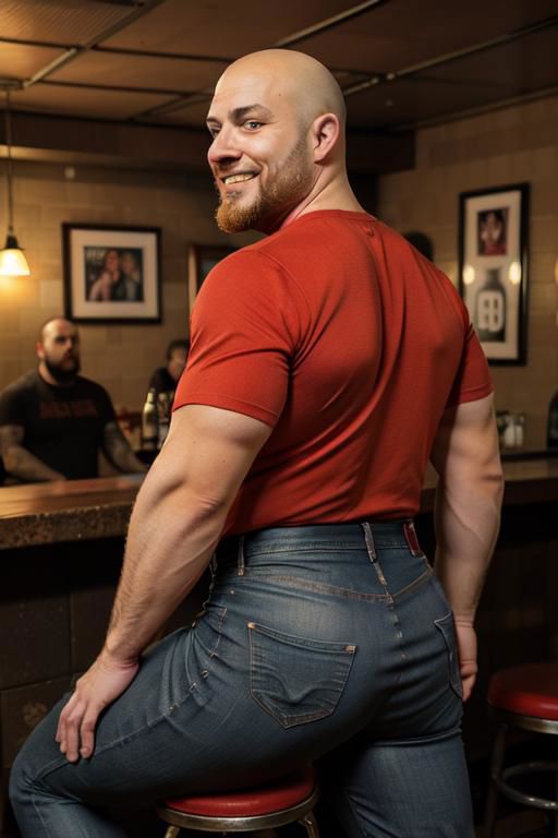 photo of a bearded bald  man, red  thsirt,  tight  jeans, in a biker bar, stocky, left from back side, chubby,  muscled butts, in public toilet, looking to viewer, looking at the camera, above the knee,  smile